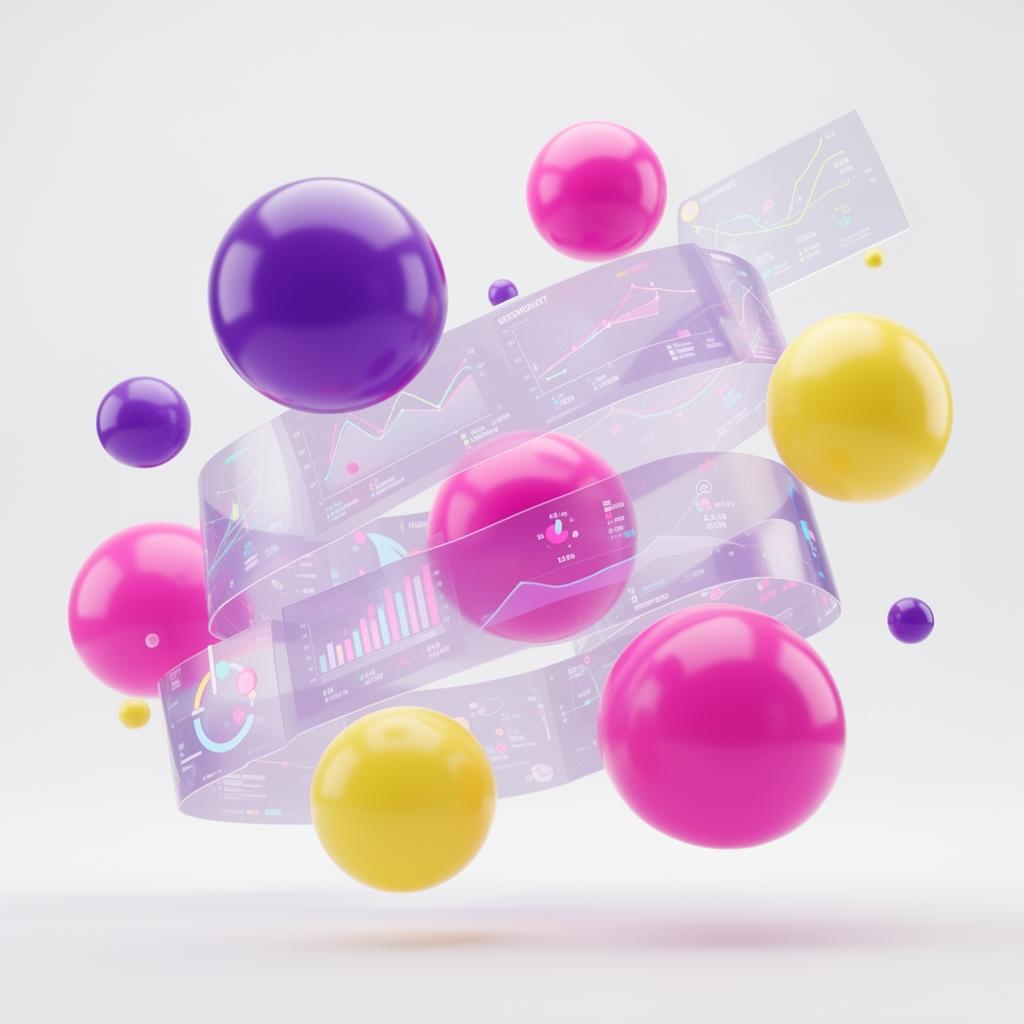 Floating neon spheres with marketing data charts